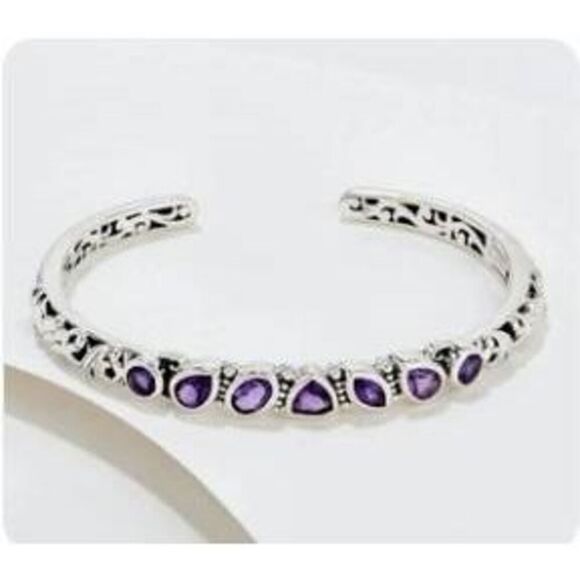 NWOT~ARTISAN CRAFTED Genuine Amethyst 925 Sterling Silver Swirl Cuff Bracelet - Picture 1 of 5